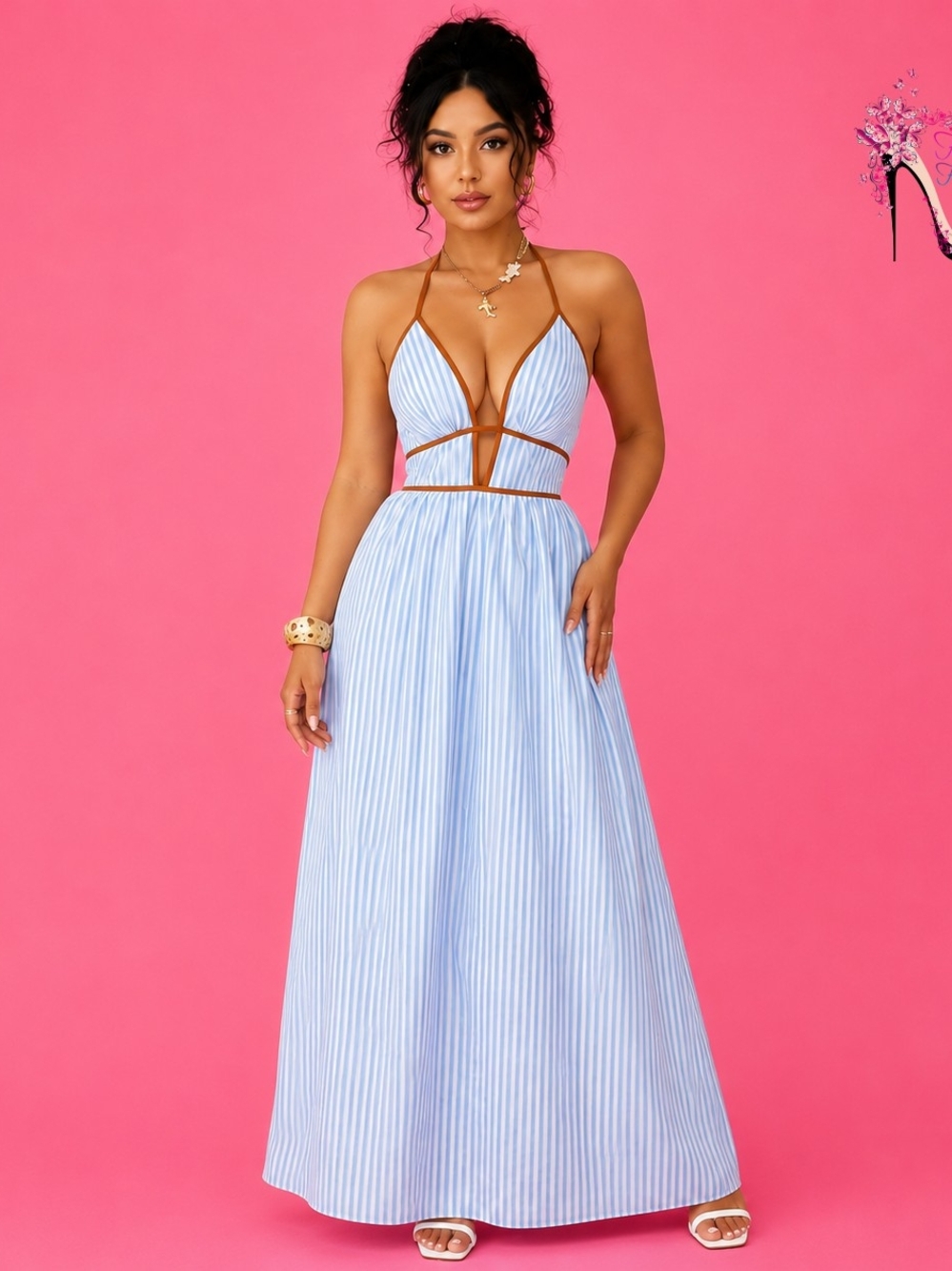 Striped Light Blue Halter Maxi Dress with Brown Trim